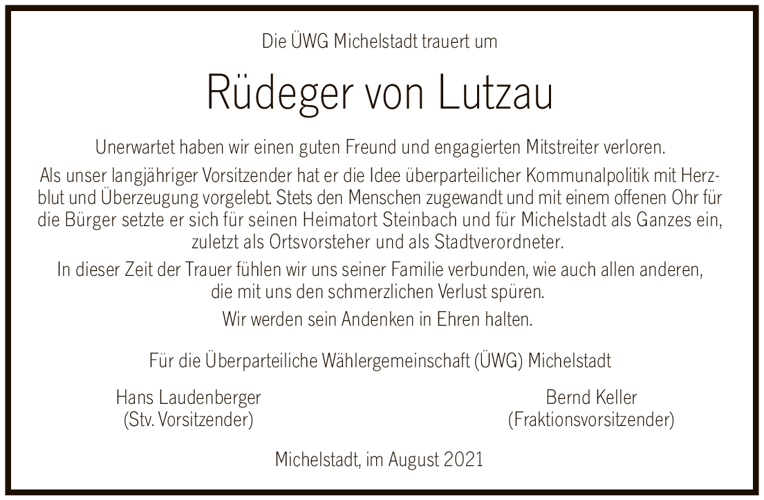 Die ÜWG Michelstadt trauert um Rüdeger von Lutzau